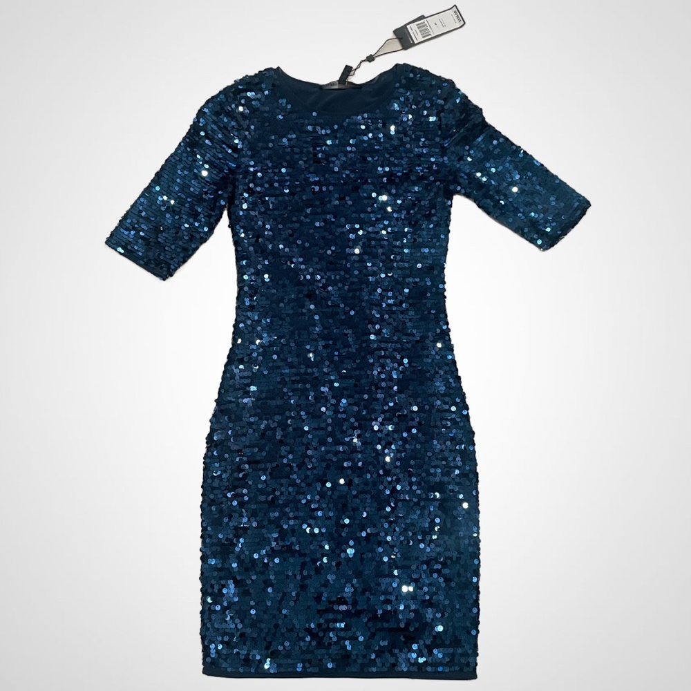 BCBG SEQUIN MIDI BODY CON DRESS WITH SWOOP NECKLINE